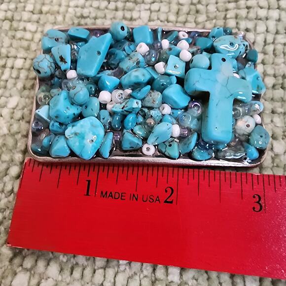 Handmade Stone Cross Belt Buckle Turquoise Howlite Beads Western 3" - Picture 3 of 8